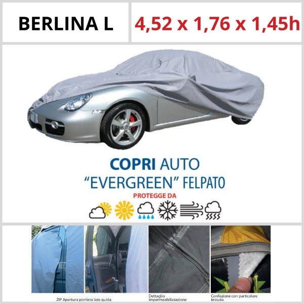 Copriauto Berlina L - 4,52 X 1,76 X 1,45H - Felpato In Materiale Speciale Con Zip Portiera Lato Guida