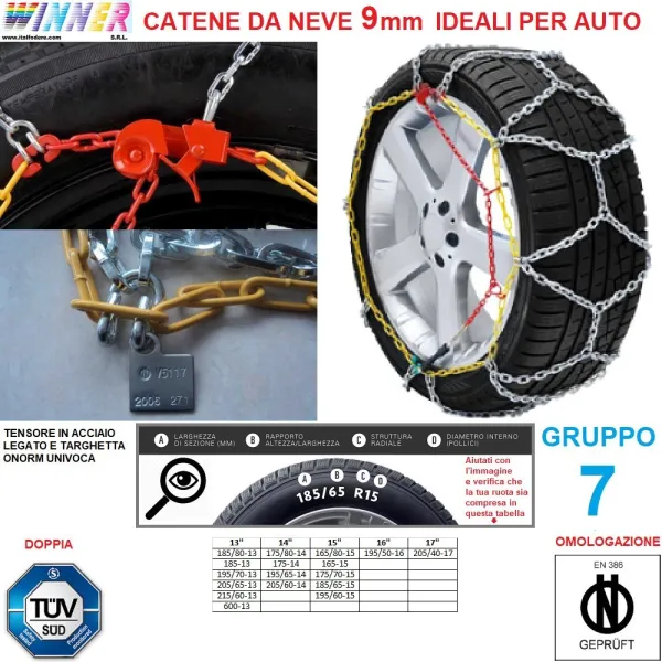 Catene Da Neve A Rombo 9Mm Gruppo 7 (Vedi Img) Doppia Omologazione! Tensore Acciaio!