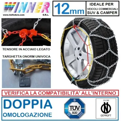 Catene Da Neve A Rombo 12Mm Gruppo 23 (Vedi Descrizione Per Applicabilita') Doppia Omologazione! Tensore Acciaio!